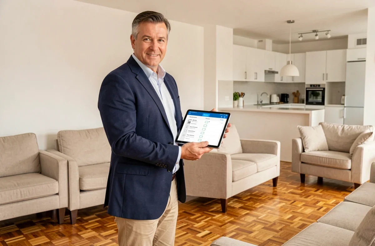 Agent immobilier effectuant une inspection locative avec une application de gestion sur tablette numérique dans un appartement rénové