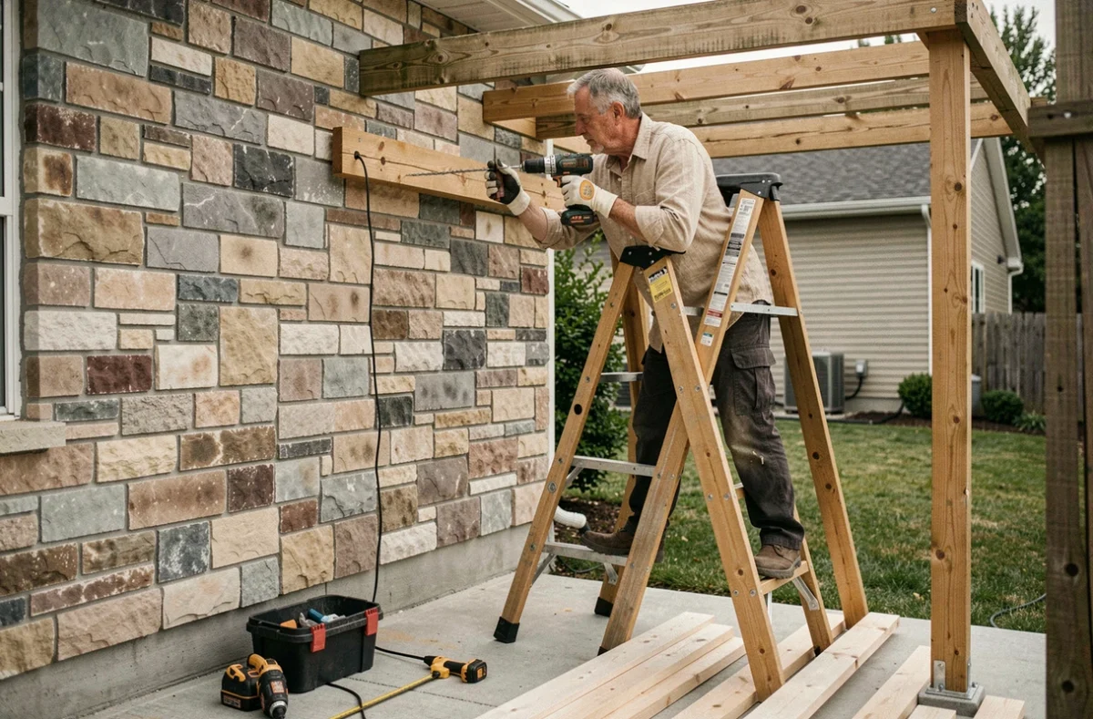 Homme installant une pergola bois adossée à un mur extérieur avec une perceuse lors d'un chantier DIY dans le jardin