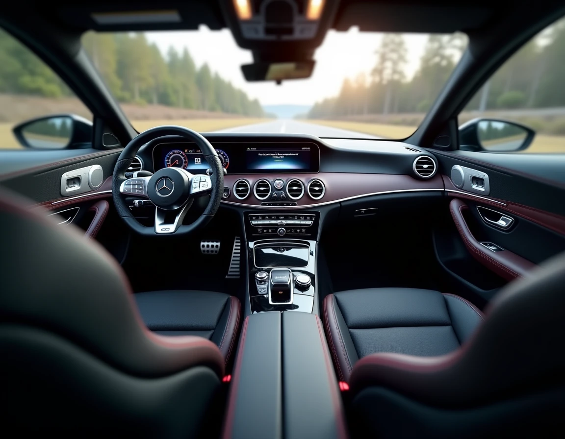 Intérieur d'une Mercedes-AMG E53 avec volant sport AMG, sièges baquet en cuir Nappa et tableau de bord numérique AMG