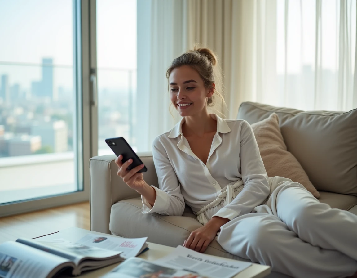 Jeune femme consultant une application de téléchargement de magazines sur son smartphone allongée sur un canapé