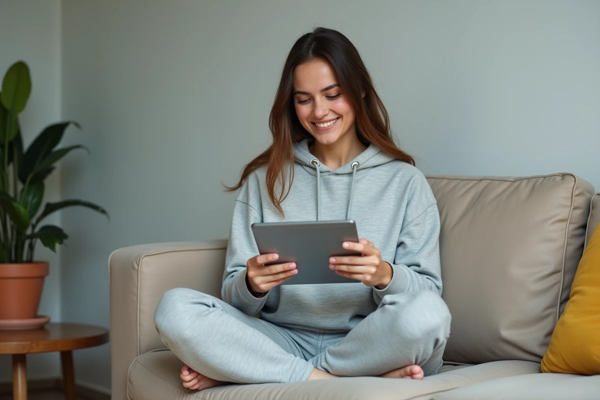 Jeune femme recevant une notification d'alerte de disponibilité Doctolib sur une tablette dans un salon contemporain