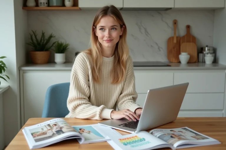 Jeune femme planifiant un mariage avec ordinateur et magazines