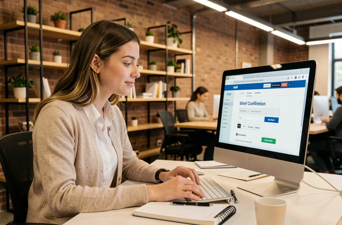 Jeune femme consultant le site Ameli pour une demande de CMU dans un espace de coworking