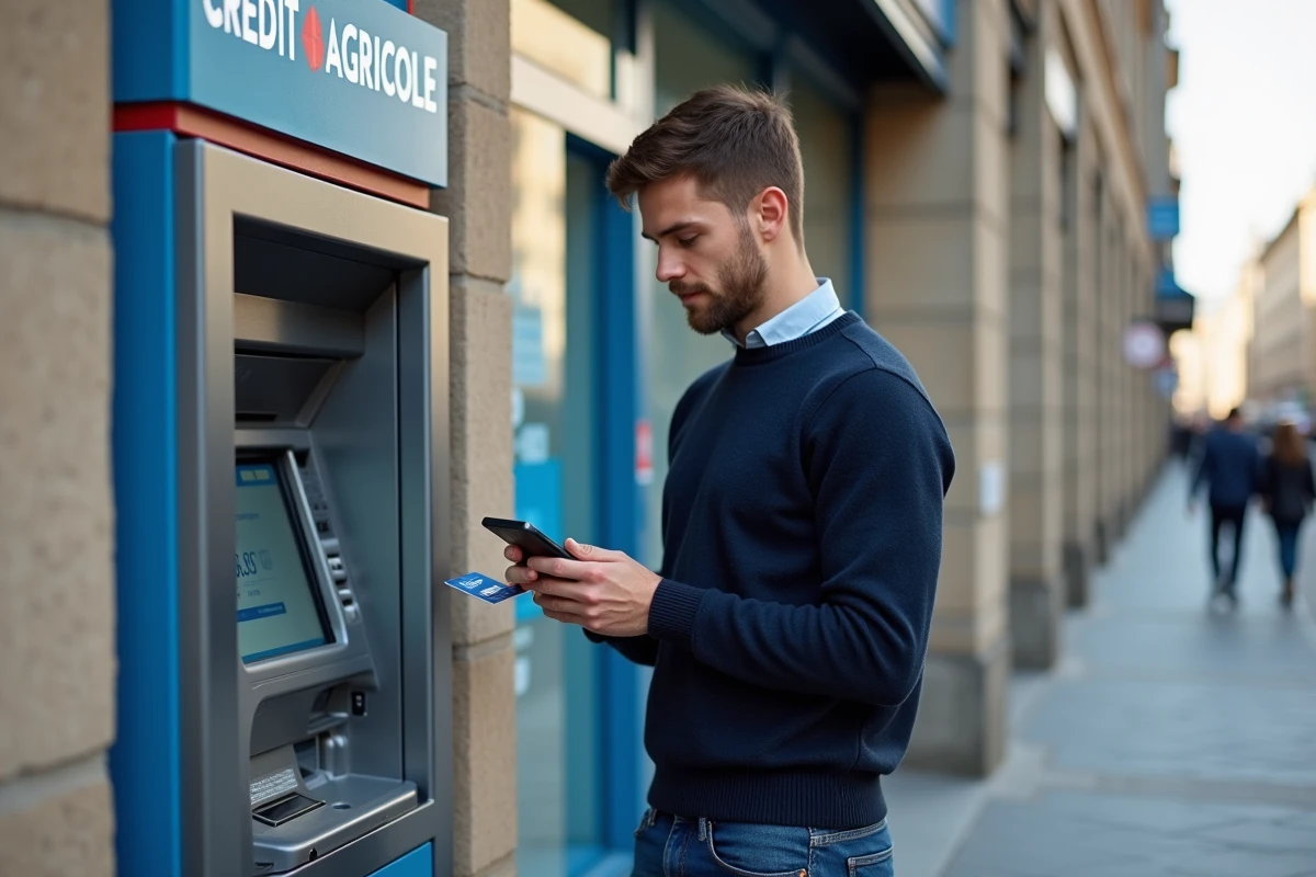 Jeune homme utilisant un distributeur automatique en extérieur