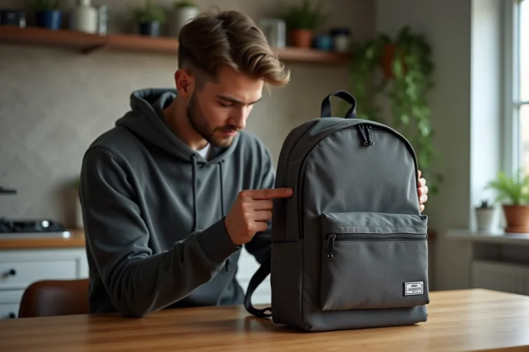 Jeune homme inspectant un sac à dos urbain dans une cuisine