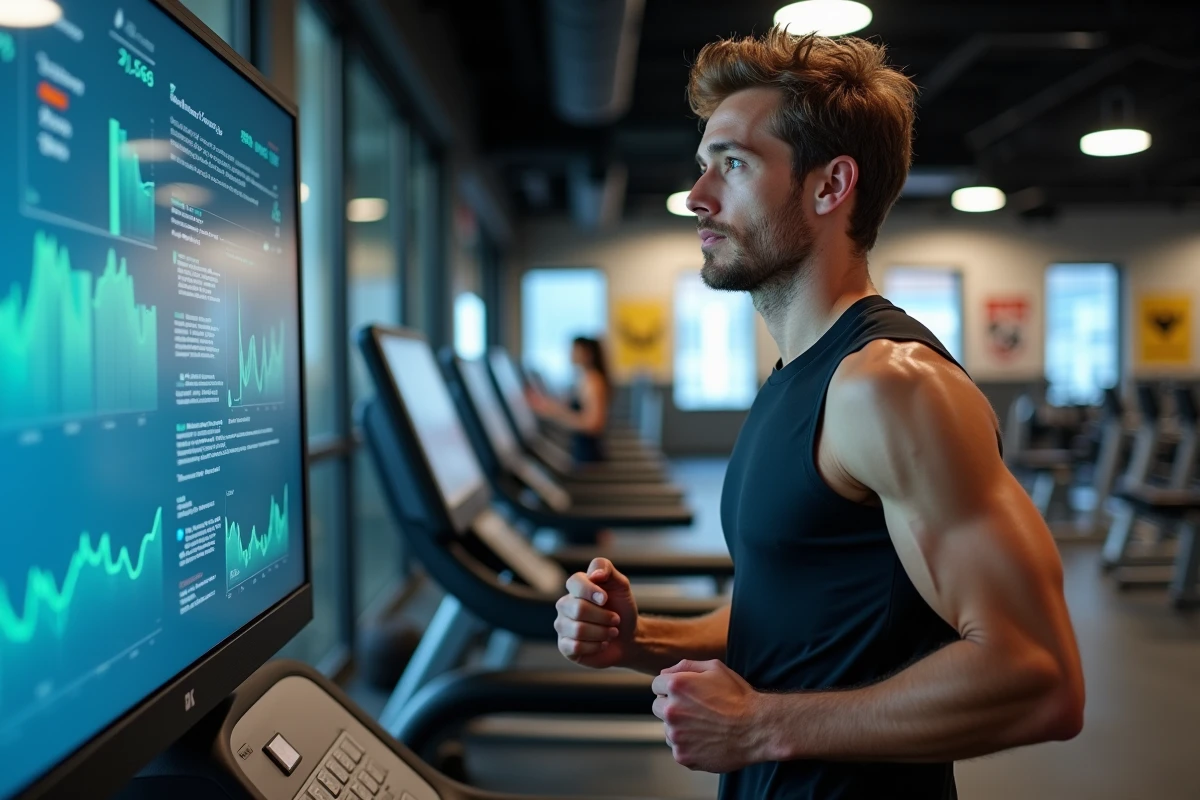 Jeune homme en tenue de sport courant sur un tapis de course