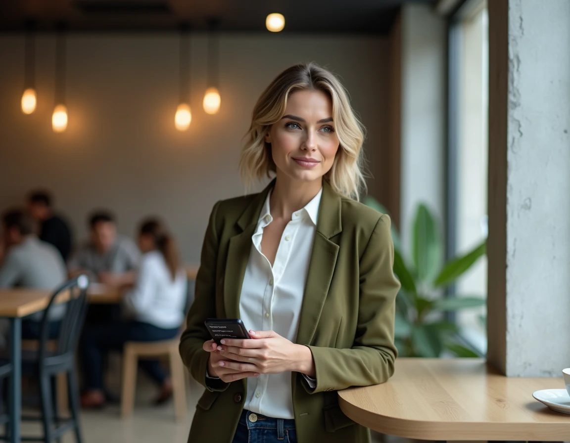 Femme élégante consultant la liste complète des pages du site Autour de Chloé sur son smartphone dans un café moderne