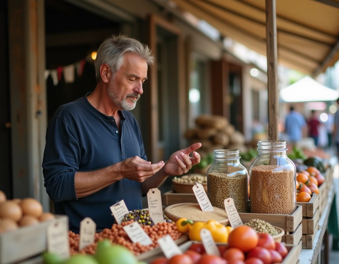 Homme lisant les étiquettes de produits biologiques sur un marché local de producteurs responsables