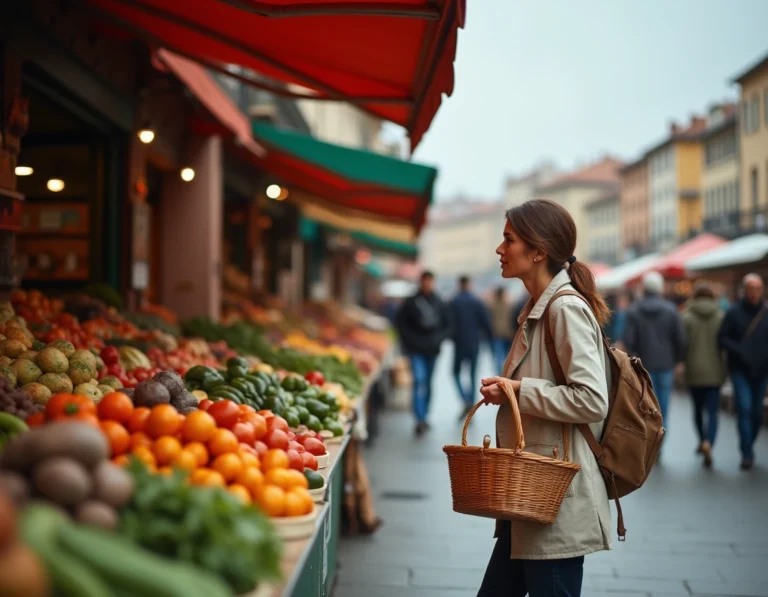 Marché en plein air animé au bord de la Saône à Lyon avec une femme parcourant les étals de producteurs locaux et d'artisans