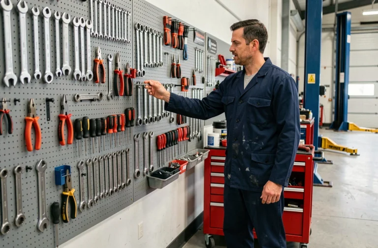 Mécanicien professionnel devant un mur de rangement d'outils organisé dans un atelier garage équipé