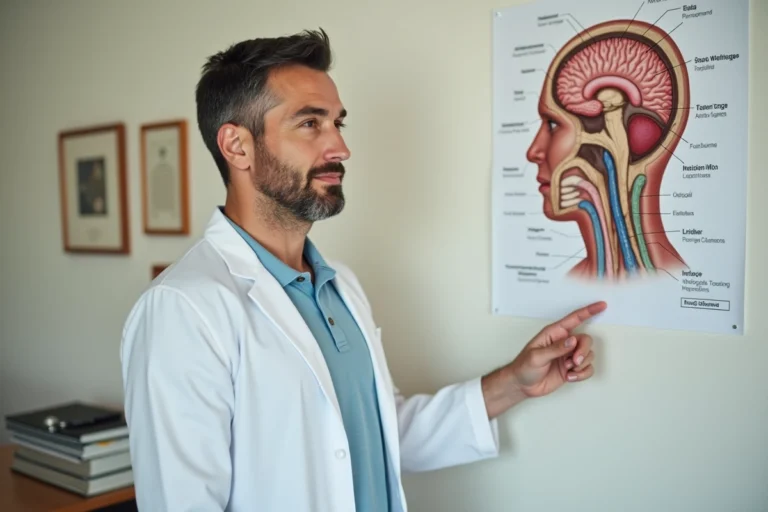 Médecin spécialiste en médecine du sport expliquant les risques neurologiques d'un KO devant un poster anatomique du cerveau dans une clinique sportive