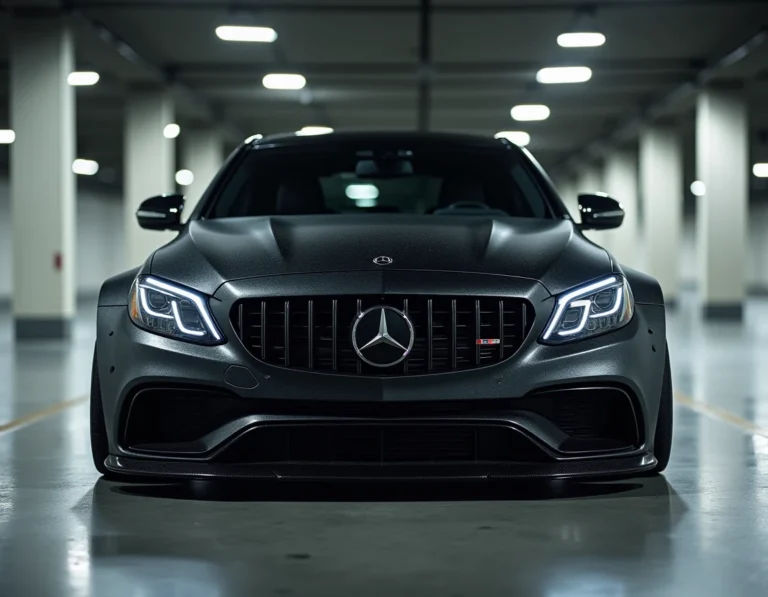 Mercedes-AMG C63 noire garée dans un parking urbain, mettant en valeur le pack AMG avec carrosserie élargie et échappement quadruple