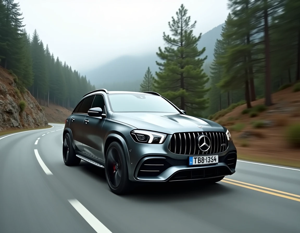 Mercedes-AMG GLE 53 grise en mouvement sur une route de montagne sinueuse, montrant le pack AMG avec jantes forgées et carrosserie sportive