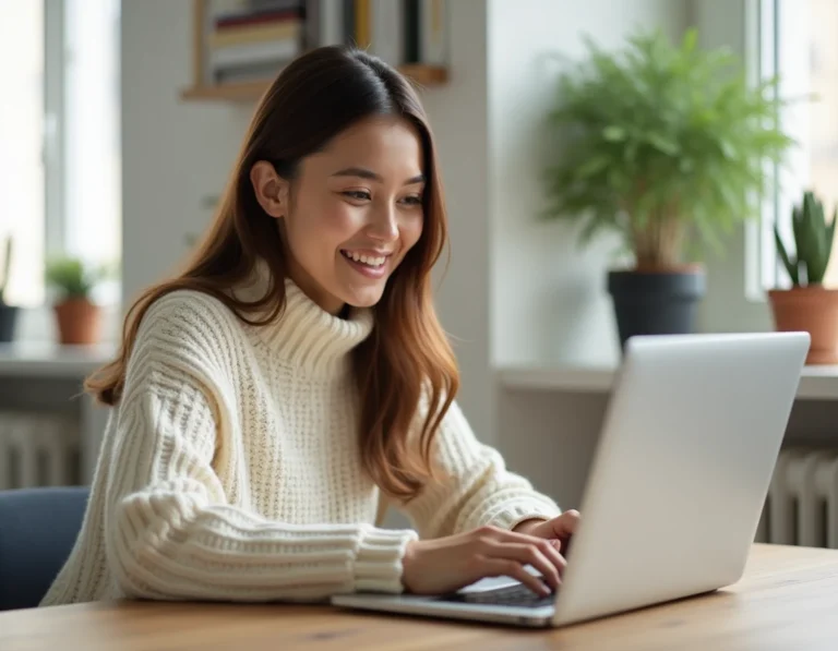 Jeune femme naviguant sur le site Autour de Chloé depuis un bureau en bois dans un espace de travail moderne et chaleureux