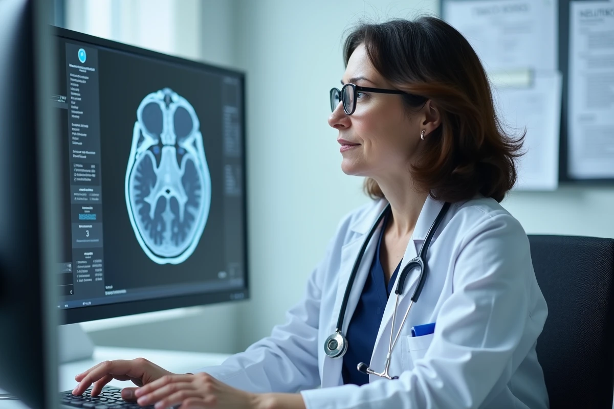 Neurologue analysant des IRM cérébrales sur écran pour évaluer les séquelles d'un traumatisme crânien et les risques liés au KO