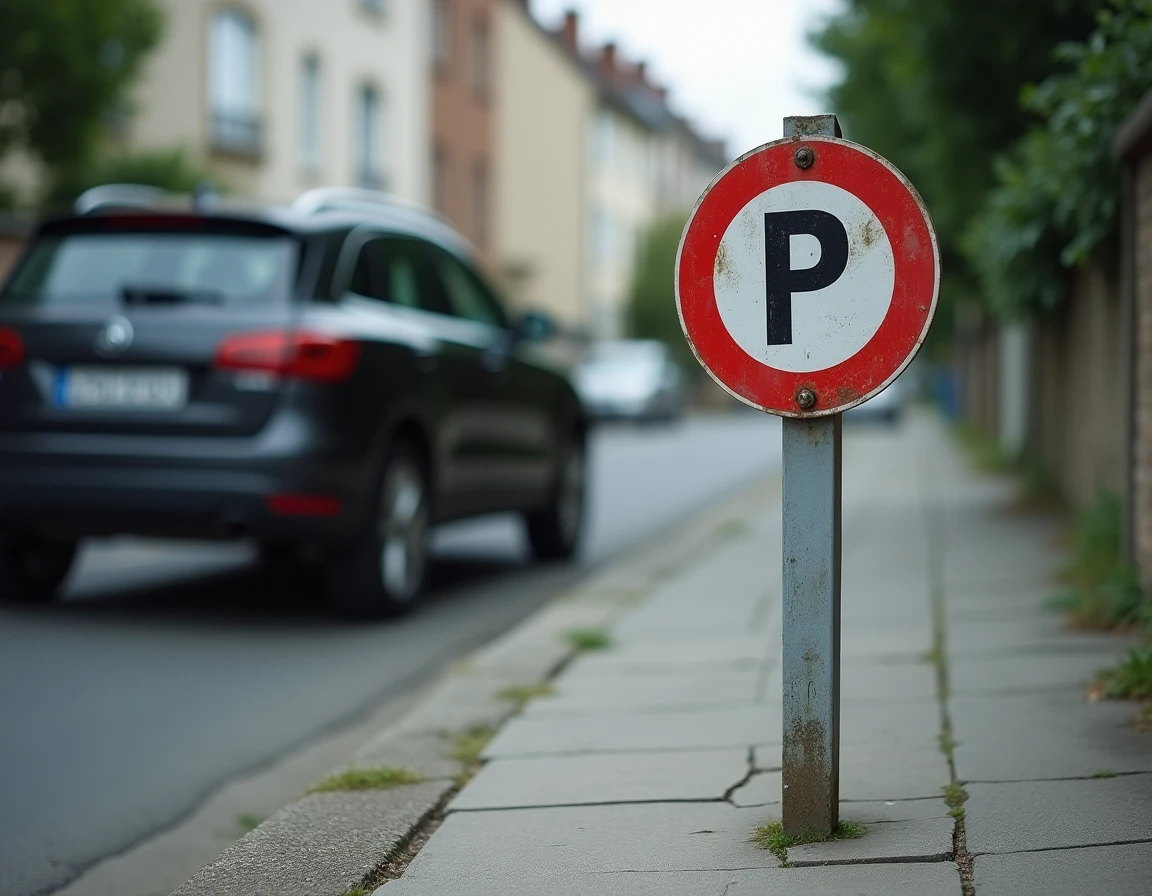 Panneau d'interdiction de stationnement en bord de trottoir dans une rue de lotissement pavillonnaire