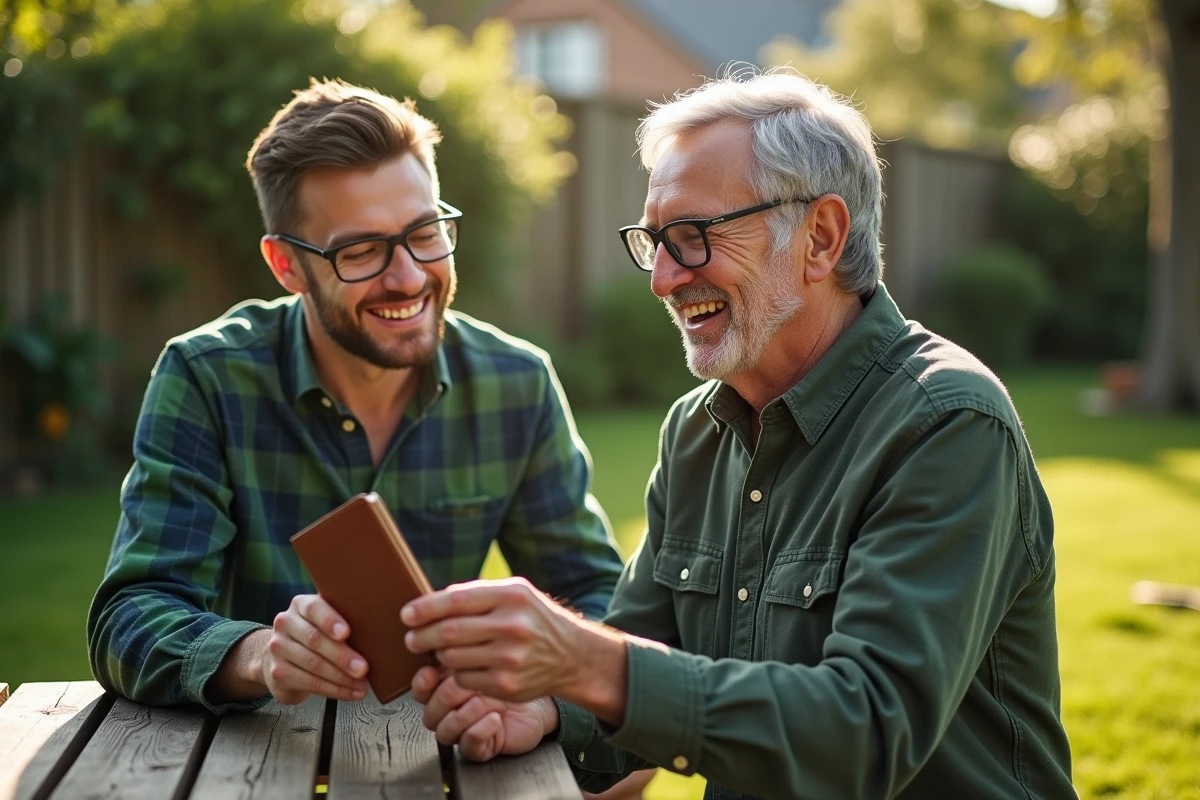 Père âgé avec son fils donnant un portefeuille en cuir dans le jardin