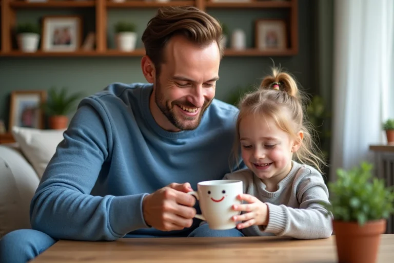 Père souriant avec sa fille offrant une tasse peinte dans un salon chaleureux