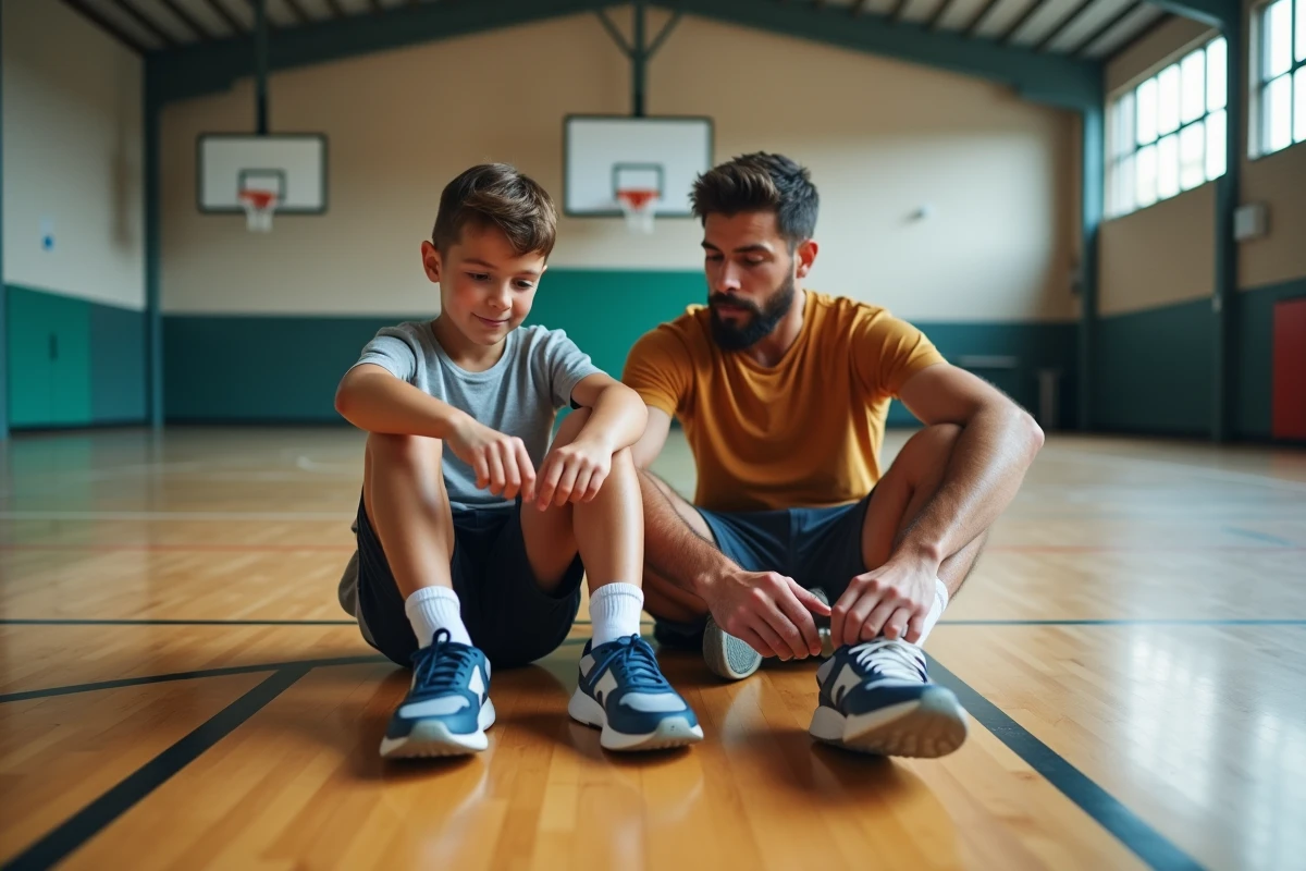 Père et fils en train de lacer leurs baskets en salle de sport