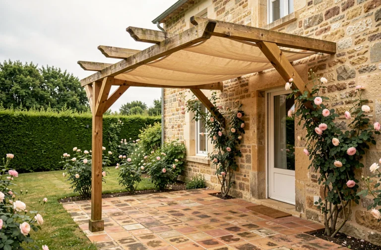 Pergola bois adossée à une maison en pierre avec jardin fleuri et terrasse en carreaux de terre cuite
