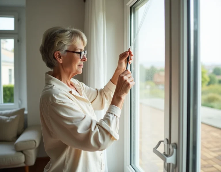 Femme appliquant un film isolant anti-chaleur sur une fenêtre double vitrage dans un salon moderne