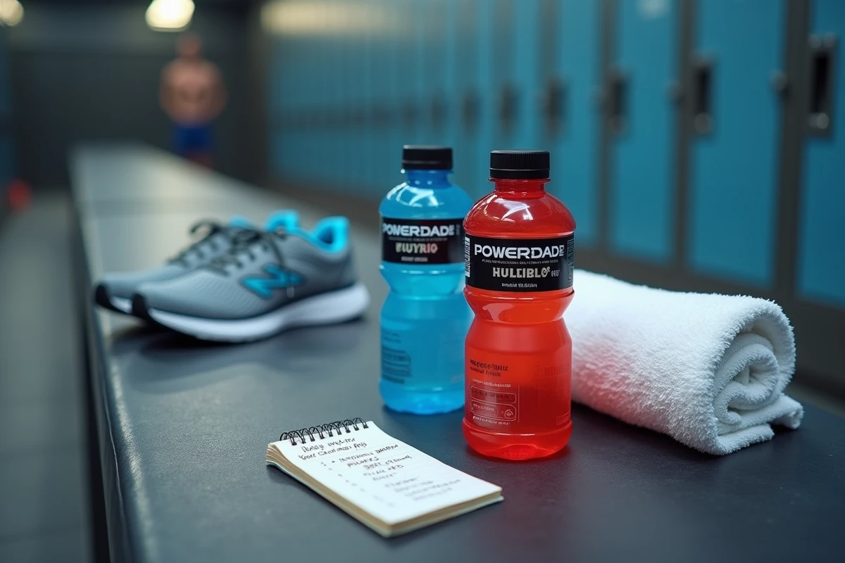 Bouteilles de Powerade de différentes saveurs posées sur un banc de vestiaire avec des affaires de sport, illustrant l'intégration des boissons sportives dans la routine quotidienne