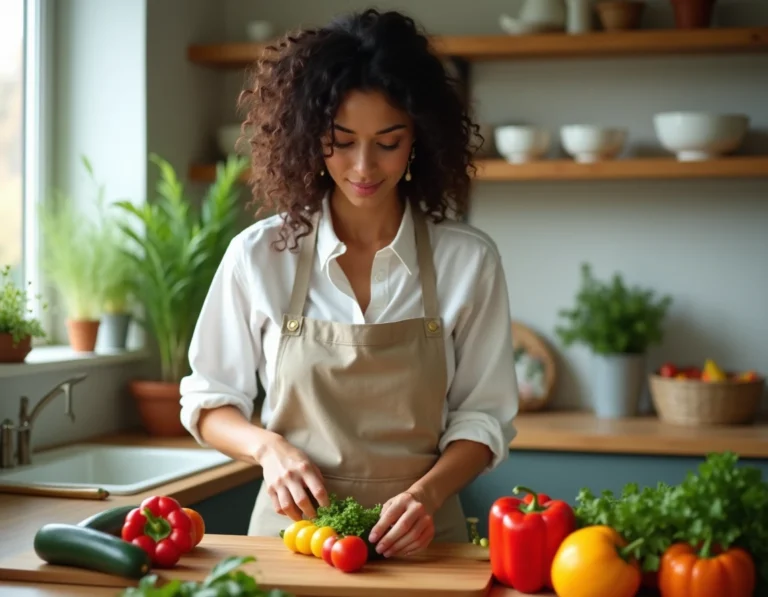 Femme préparant des légumes frais et colorés sur une planche en bois dans une cuisine familiale saine