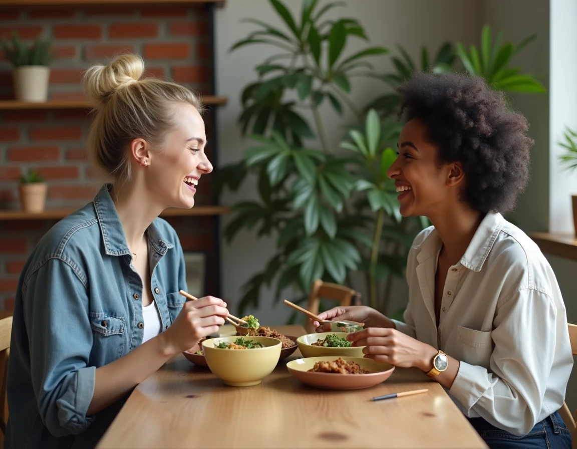 Deux amies partageant un repas végétal fait maison dans un appartement urbain aux valeurs durables