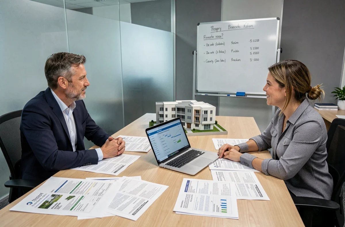 Deux professionnels de l'immobilier analysant un portefeuille d'investissements locatifs avec des outils de gestion en réunion
