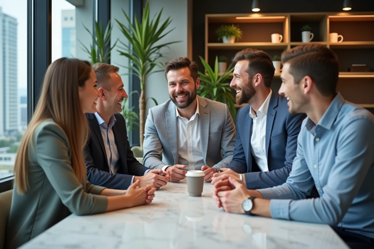 Groupe de collègues saluant dans une salle de pause moderne
