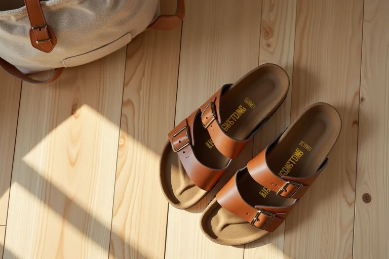 Sandales Birkenstock Arizona en cuir naturel et liège posées sur un parquet en bois clair, vue de dessus style flat lay