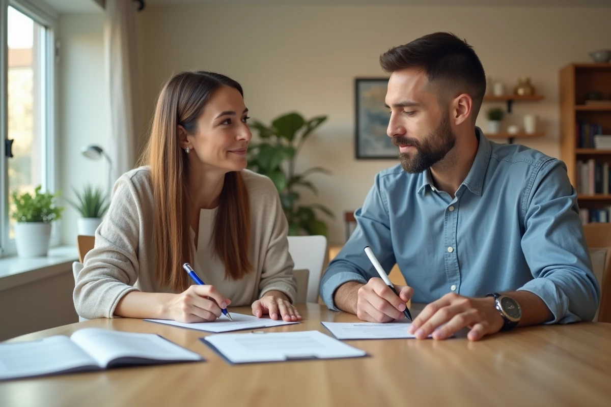 Couple signant des documents dans un salon lumineux