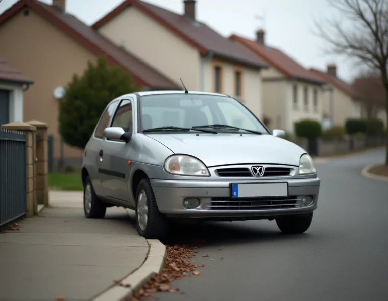 Voiture garée en partie sur le trottoir d'une rue de lotissement résidentiel