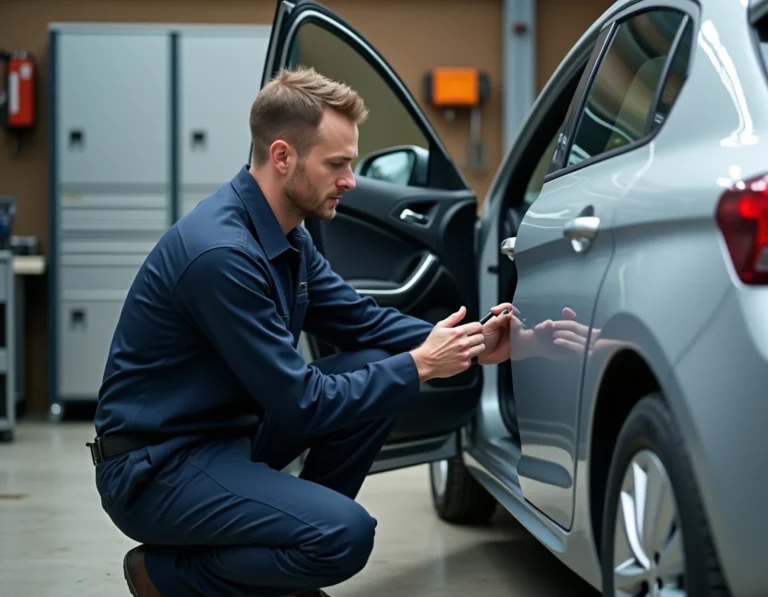 Technicien automobile inspectant la serrure centralisée d'une Peugeot 308 dans un atelier de réparation