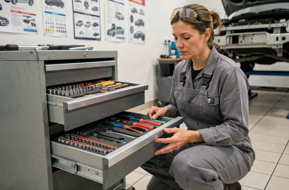 Technicienne automobile inspectant un coffre à outils organisé dans un garage professionnel moderne