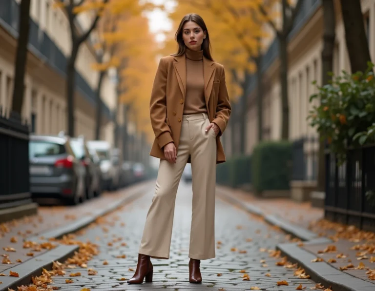 Femme élégante en blazer camel oversize et pantalon large crème dans une rue pavée parisienne en automne, style mode tendance saison