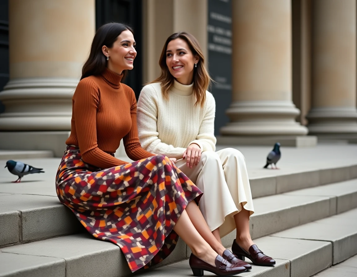 Deux femmes stylées aux tenues mode tendance assises sur des marches en pierre devant un bâtiment classique, look éditorial saison