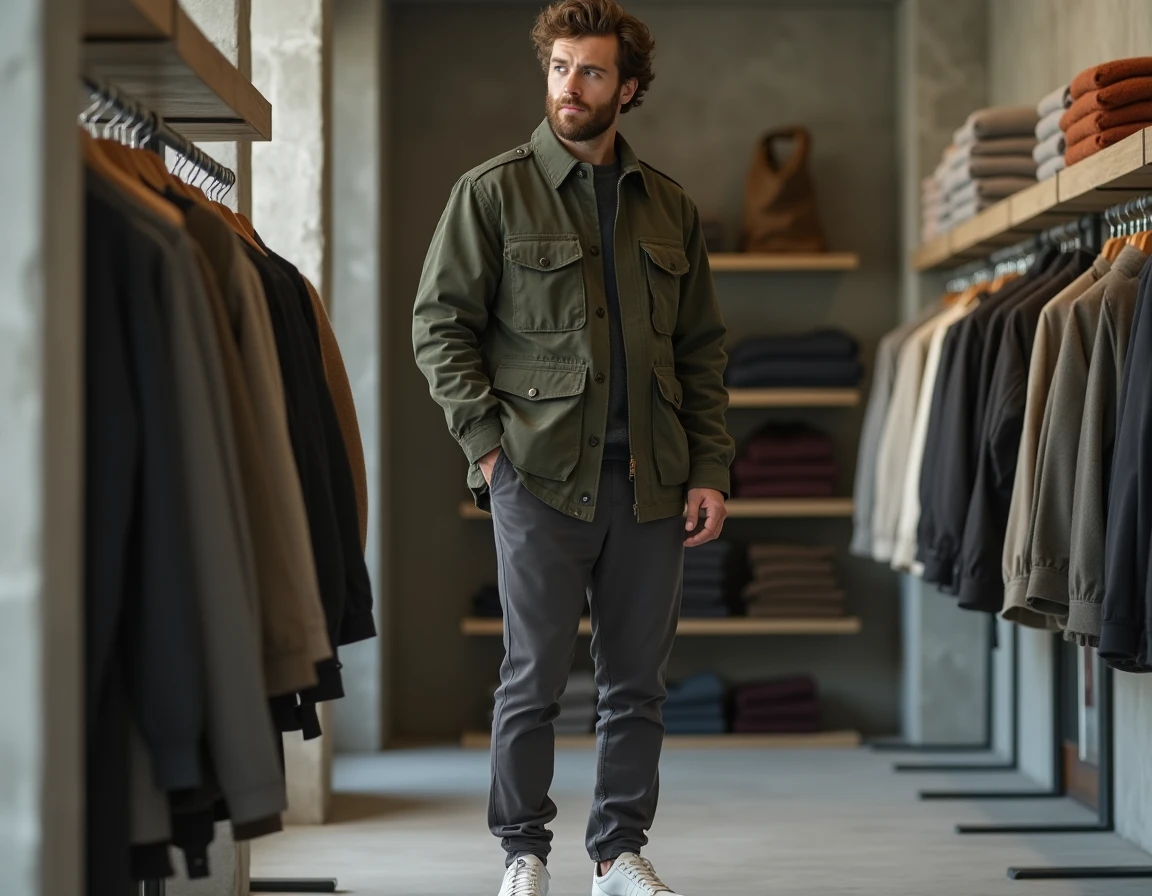 Homme tendance en veste utilitaire verte et sneakers blancs dans une boutique de mode minimaliste au style contemporain