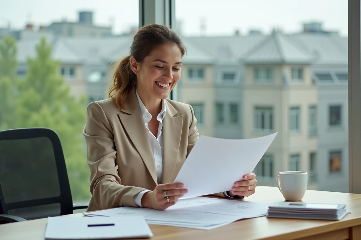 Urbaniste femme au bureau étudie des documents de permis