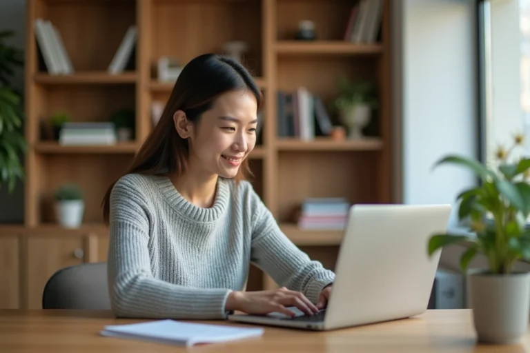Femme effectuant un virement bancaire en ligne sur son ordinateur portable depuis son bureau à domicile