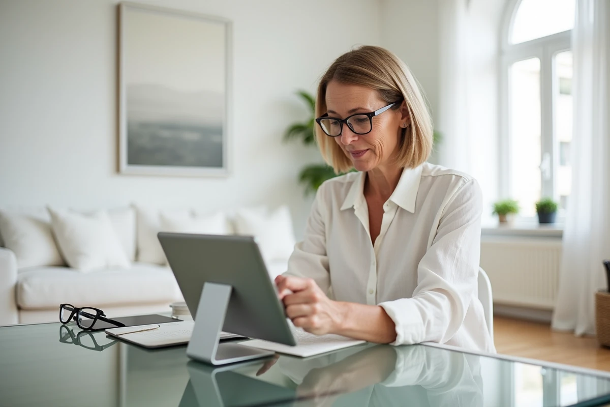 Femme réalisant un virement LCL sur une tablette depuis son salon, interface bancaire visible