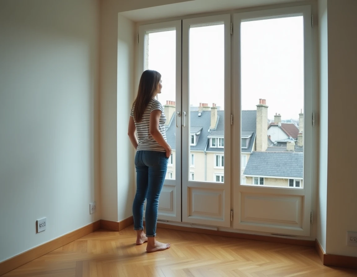 Jeune femme visitant un appartement vide et contemplant la vue sur les toits lors d'une visite immobilière