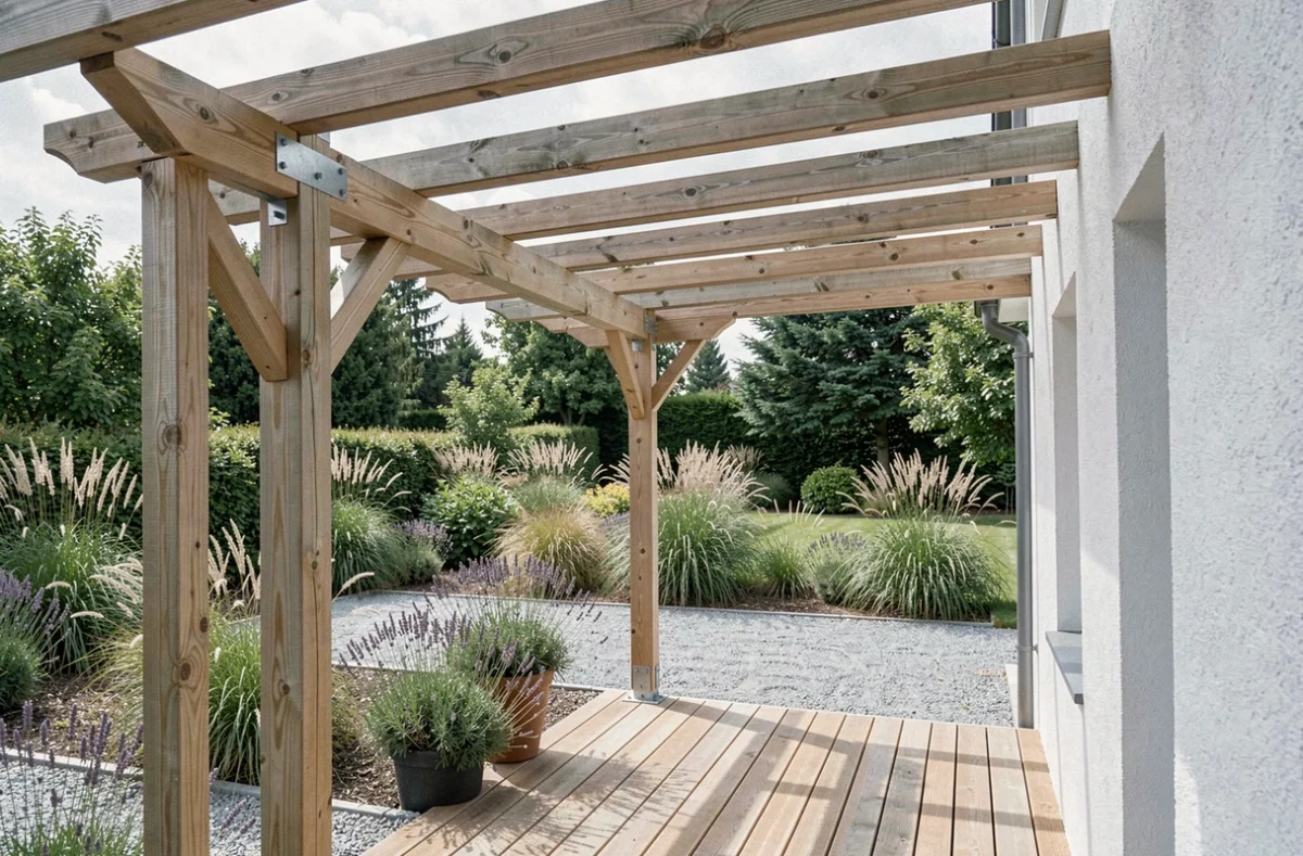 Vue intérieure d'une pergola bois adossée avec terrasse en bois et jardin paysager visible en arrière-plan